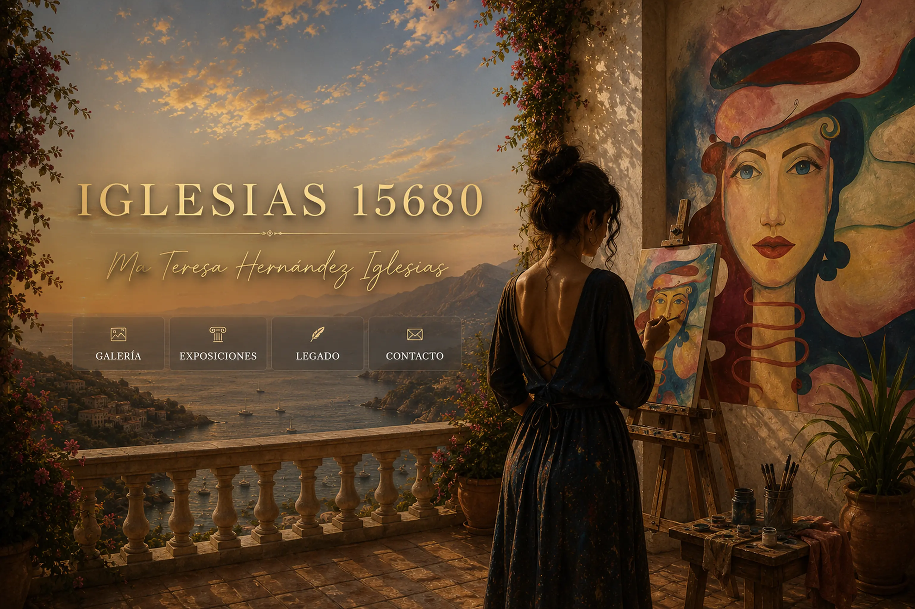 Mª Teresa Hernández Iglesias pintando en una terraza frente al mar, junto a un mural inspirado en su obra