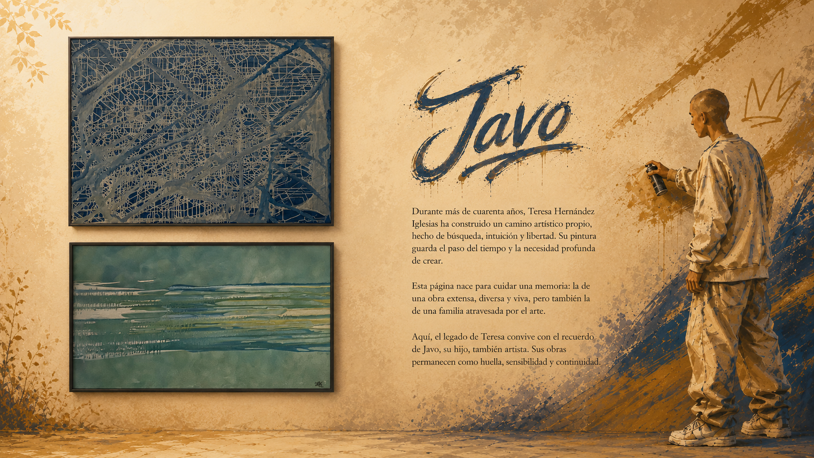 Composición homenaje de Legado con la firma Javo, el joven artista pintado y dos obras de Javo junto al texto de Teresa Hernández Iglesias.