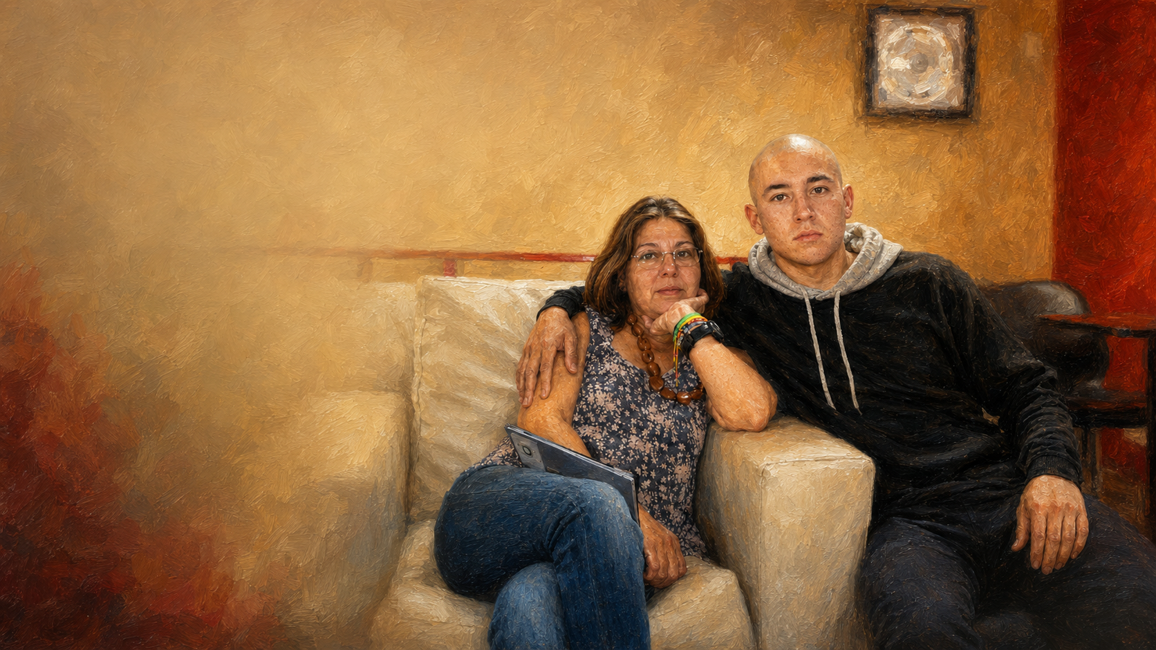 Retrato pictórico de Teresa abrazada a su hijo Javo